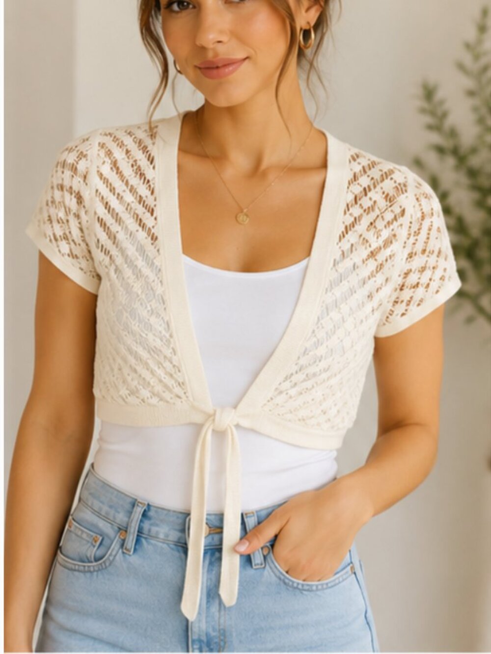 Line Knit Cotton Cashmere Shrug Front Tie Cream Size Small